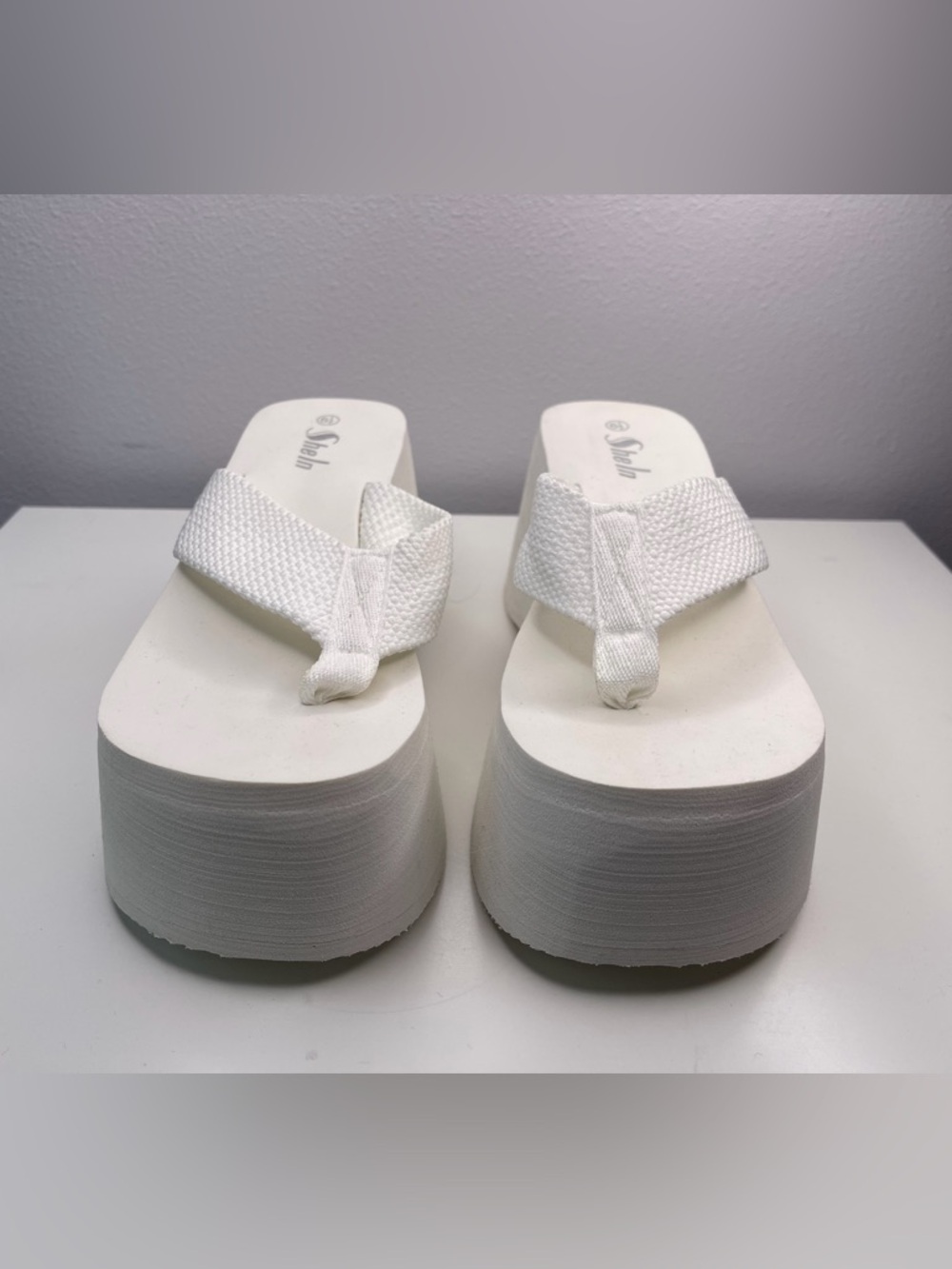 white chunky platform thong sandals, size 6.5 / 37